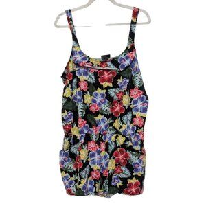 Vintage Y2K Floral Romper Womens Size Medium Large Black Hawaiian Sleeveless